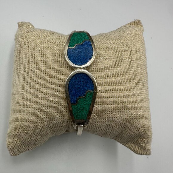 Vintage Alpaca Silver Bracelet Blue Green Inlay Geometric Hinged Cuff 7 Inch - Picture 3 of 15